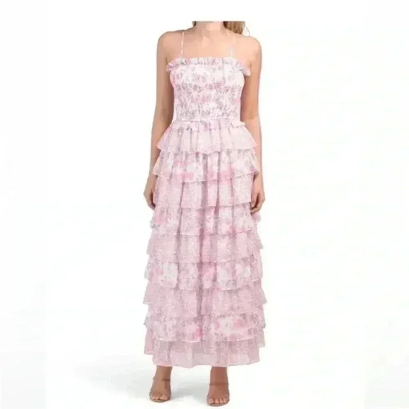 NEW Dalia MacPhee Smocked Bodice Ruffel Tiered Floral Pink Dress Size S - Picture 1 of 9